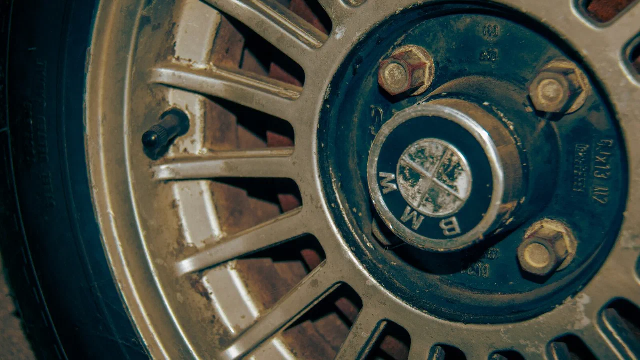Close-up of a car wheel hub with the wheel removed